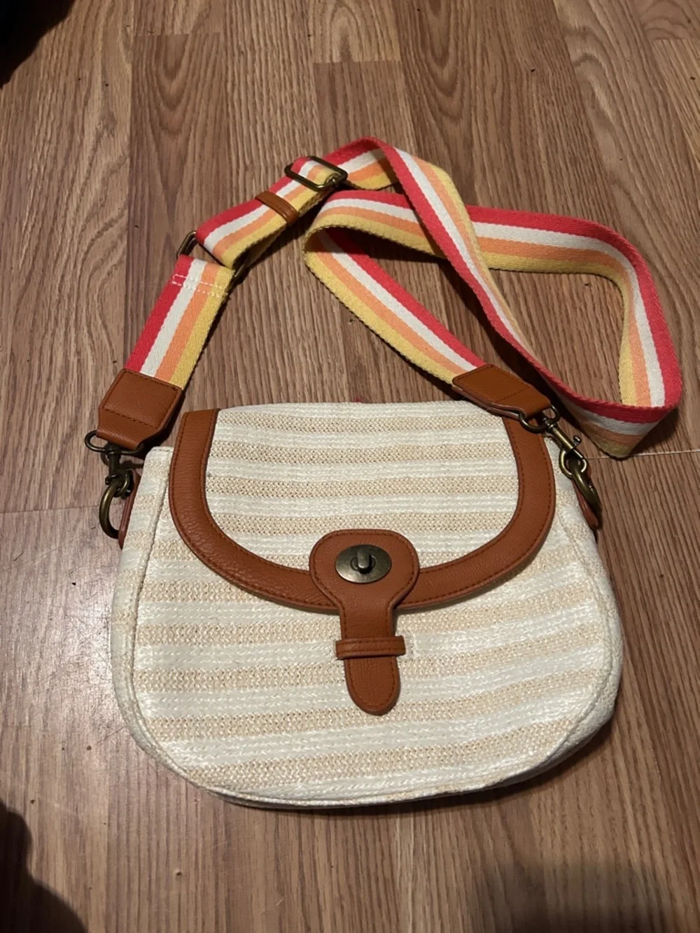 Universal thread Woven Straw Crossbody Bag with Tan Trim and Multicolor Strap